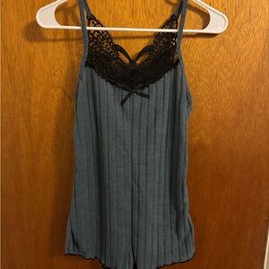 SHEIN Blue and Black Lace Trim Romper